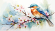 Beautiful bird on flowering branch. Watercolor 