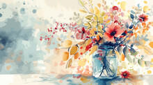 Flowers Watercolor Painting Glass Jar With Garden