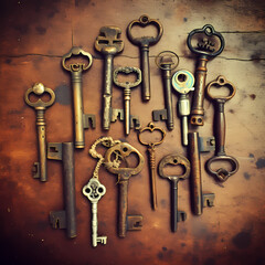 Sticker - Antique keys on a worn-out leather surface.