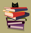 illustration graphique d'un chat noir caché derrière une pile de bouquins dans un style texturé flat design