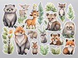 Fototapeta Pokój dzieciecy - Set of cute wild animals and plants. Watercolor hand drawn illustration, Stickers, cutting edges
