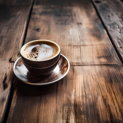 Poster - Close-up of a coffee cup on a rustic wooden table.