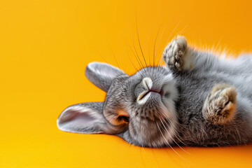 Cute grey rabbit lying on back on orange background, fluffy ears, playful posture, animal antics, bunny paws up, adorable pet, whiskers detail, comical position, close-up shot, space for text.