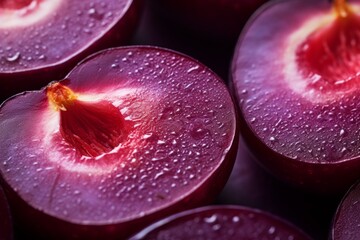 Wall Mural - A macro shot of a sliced plum with juicy texture