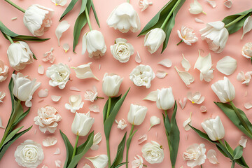 Wall Mural - a pink background with a lot of white tulips and rose