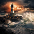Lighthouse on a rocky coastline during a storm.