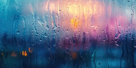 Poster - Soft patter of rain on a vivid soft black glass, blending tranquility with the vibrancy of color and bokeh light.