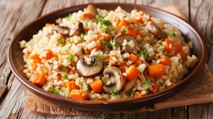 Bulgur with mushrooms and vegetables in a plate