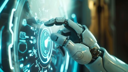 Poster - This futuristic design concept uses a robot with a mechanical arm or hand that presses the index finger onto a virtual holographic interface HUD on a touch screen.