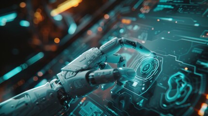 Poster - This futuristic design concept uses a robotic hand or arm to press an index finger on a virtual holographic interface on a touch screen. It is part of a concept that uses artificial intelligence for