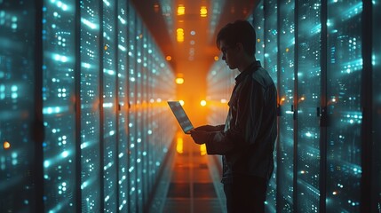 Poster - A futuristic concept shows a Chief Technology Officer standing in a warehouse, holding a laptop while streaming information through servers. The acronym SAAS stands for Software As A Service, Cloud