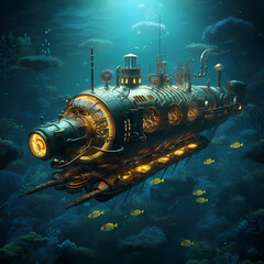 Sticker - Steampunk-inspired submarine exploring the ocean depth