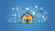 The concept of smart home technology banner. The building consists of digits and icons of domestic smart devices. Illustration of an intelligent control house on a blue background with a blue