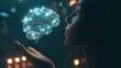 An electronic brain is represented by a neon silhouette of a human head with artificial intelligence hanging over a palm hand. The mind is represented by a cybernetic artificial neural network. The