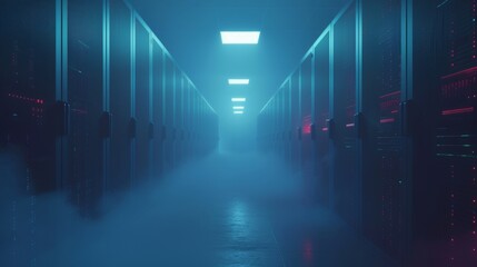Fototapete - Network connection and information exchange lights glow in the dark. Abstract digital warehouse. Cloud computing technology server room. Server farm communications with internet.