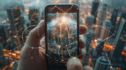 Fototapete - Using artificial intelligence, the concept of a smart city, connected with the planet through a global mobile internet connection on a phone. AI controls the infrastructure, traffic, and quality of