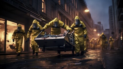 Wall Mural - Specialists of the Emergency response to a radioactive and chemical accident, a biological protection team, Wearing protective suits, walking down the street with a stretcher.