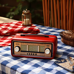 Poster - Vintage radio on a checkered tablecloth.