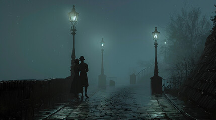 Wall Mural - secret rendezvous on a foggy bridge at night, detailed characters in vintage clothing, lamp posts ca