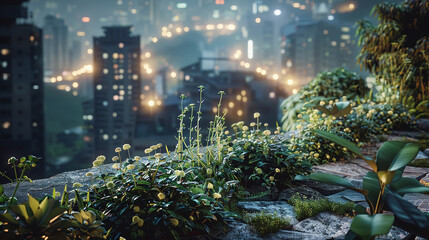 Wall Mural - secret rooftop garden in a bustling city, contrasting quiet greenery against urban backdrop, detailed plants, city lights in the background, a hidden oasis