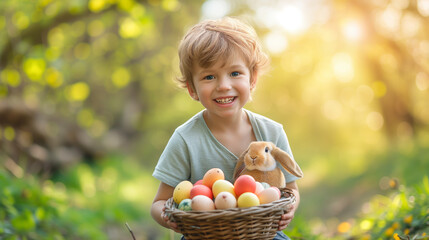 Wall Mural - A child holding a basket with colourful eggs and a bunny, smiling in a sunny, spring setting, celebrating Easter. Ai generative