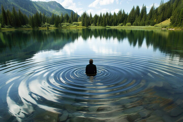 A serene lake view with a figure practicing visualization, imagining ripples spreading across the water as they release negative emotions and thoughts.