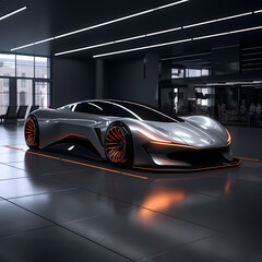 Sticker - A futuristic sports car in a sleek modern garage.