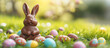 A chocolate Easter bunny is surrounded by colourful decorated eggs in the grass, illustrating the festive spirit of the Easter holiday. Ai generative
