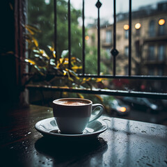 Poster - A coffee cup on a rainy windowsill.