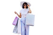© Suresh/peopleimages.com - Retail, shopping and woman with hat, bags and style for transparent, isolated and background for fashion for sales. Sunglasses, happy and designer female store png for luxury, smile or discount