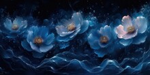 Frozen Flowers In Abstract Art, Blue Tones In Swirling Water And Ice, Evoking Serene Tranquility And Delicate Beauty.