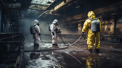 Poster - Emergency response specialists for radioactive and chemical leaks, wearing protective suits, work in an old room, Sewer, Basement, factory, at the disaster site.