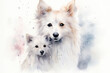 watercolor portrait of a white mother dog and her puppy,ai generated