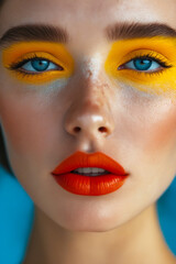 Canvas Print - Woman with blue eyes and yellow and orange makeup on her face.