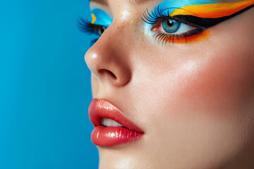 Canvas Print - Woman with blue eyes and multi-colored hair is wearing brightly colored makeup design on her eyes nose and lips.