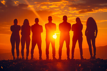 Wall Mural - Group of people standing in line with their arms down by their sides and the sun is behind them casting orange light on them.