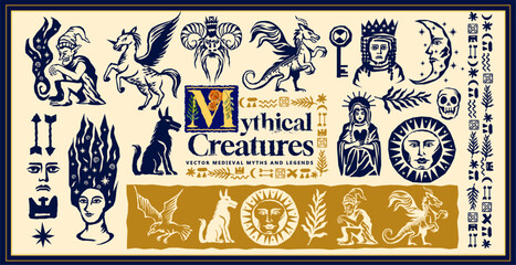 a collection of medieval linocut style engraved mythical creatures and legends. vector illustration