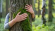 © MdBaki - Embracing Nature. Hands of a Nature Lover Hugging a Tree Trunk Covered in Green Moss, Against a Lush Forest Background.