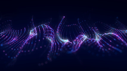 Poster - Dynamic blue wave of particles and lines. Abstract futuristic background. Big data visualization. 3D rendering.