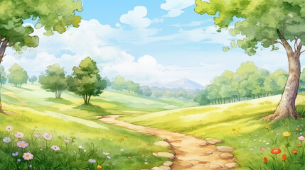 Wall Mural - Hand drawn cartoon spring meadow path scenery watercolor illustration
