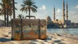 Vintage style suitcase on the sand of a beach with monuments, cities and palm trees in the background. Travel, vacation and summer concept.