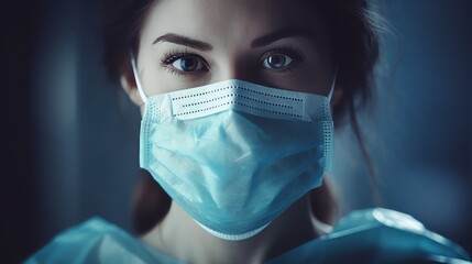 Wall Mural - Close-up of a woman wearing a medical mask. Respiratory protection from pollution, viruses, bacteria, allergens. Medicine, Pharmaceuticals, Pandemic, period of SARS and influenza concepts.