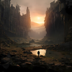 Wall Mural - Dystopian landscape with ruins and a lone wanderer