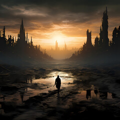 Wall Mural - Dystopian landscape with ruins and a lone wanderer