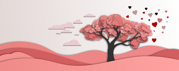 beautiful pink love tree on a background of meadow and clouds with flying hearts. vector illustratio