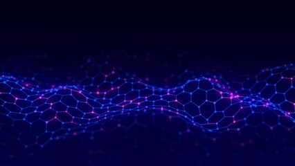 Digital dynamic cyber wave. Abstract futuristic hexagon background with dots and lines. Big data visualization. 3D rendering.