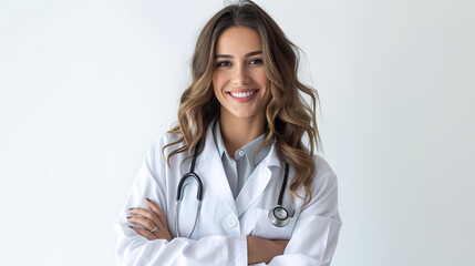 Smiling female doctor on white background