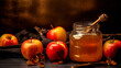 Honey and apples on a dark background with a space for text