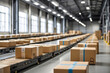Conveyor belt in a distribution warehouse with a row of cardboard box parcels for e-commerce delivery and automated logistics concepts as a large banner with copy space design.