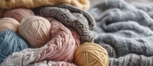 Beautiful Handcraft Knitting Hobby With Yarn In Natural Colors Background. AI Generated Image